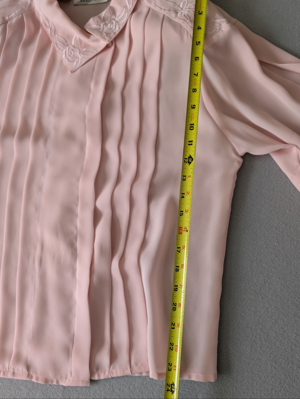 Vintage 80s Blush Pink Chiffon Pleated Floral Embroidery Collar Blouse Sz 14 XL image 8